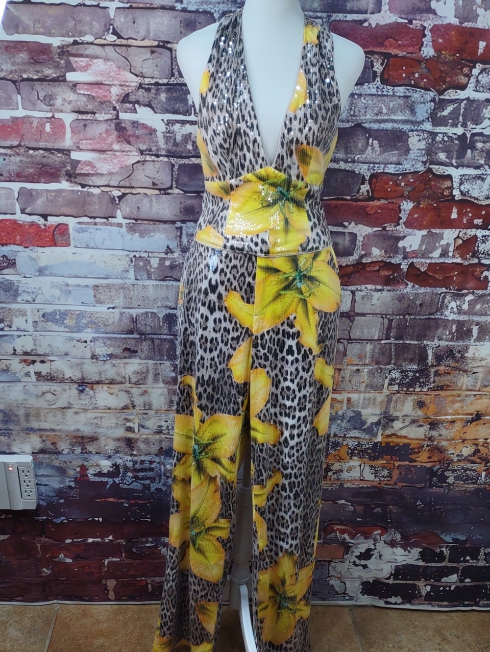 Fashion Nova "Golden Instincts" Sequin Leopard 2 Pc Halter Top/Pant Set